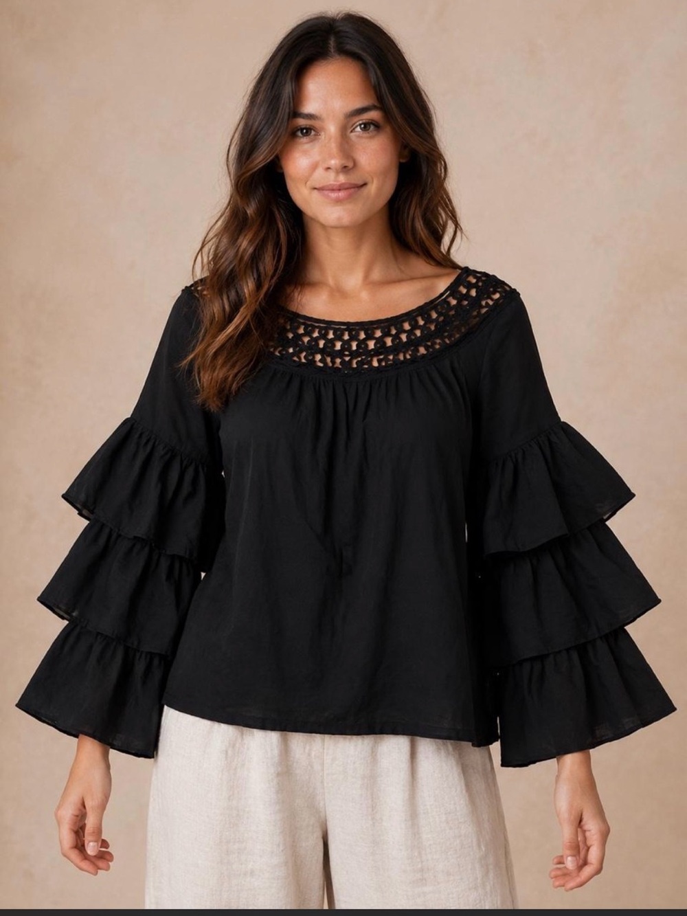 Antthony Black Crochet Yoke Triple-Tier Bell Sleeve Blouse